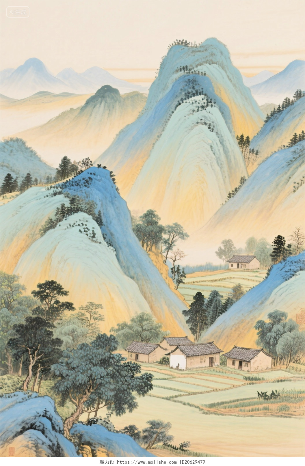 传统风格山水画作中展现的宁静乡村景色AI生成壁纸插画 - 魔力设